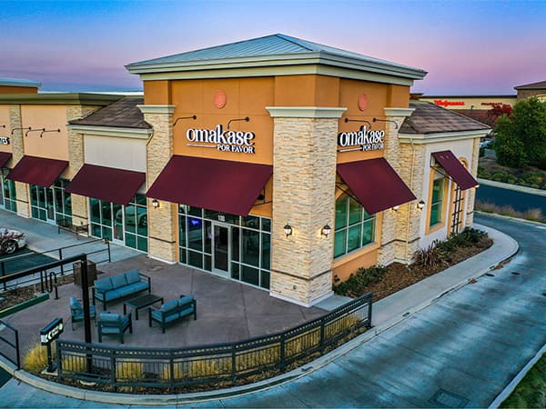 Aerial drone view of the exterior of Omakase restaurant built by Jeff Smith Construction in Granite Bay, CA.