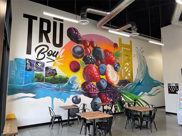 Painted feature wall inside a Tru Bowl Superfood Bar restaurant constructed by Jeff Smith Construction in Elk Grove, CA.